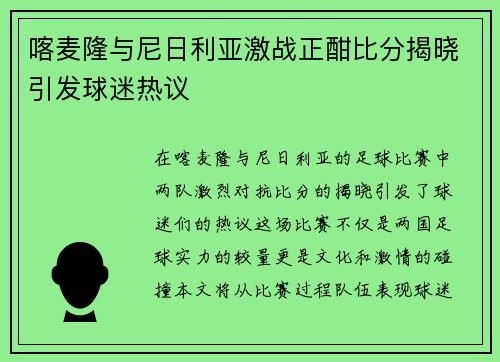 喀麦隆与尼日利亚激战正酣比分揭晓引发球迷热议