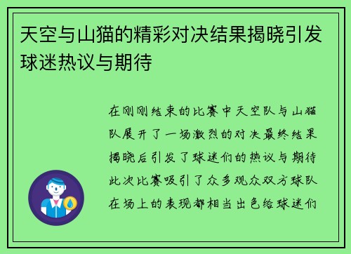 天空与山猫的精彩对决结果揭晓引发球迷热议与期待